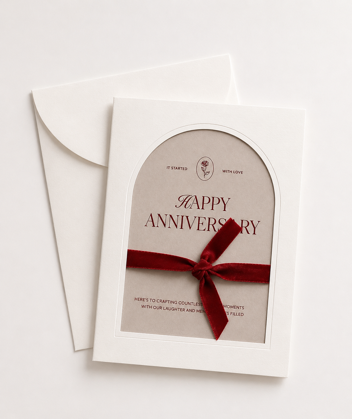 Happy Anniversary greeting card — burgundy velvet bow watercolour illustration by Maison Bloom Bali