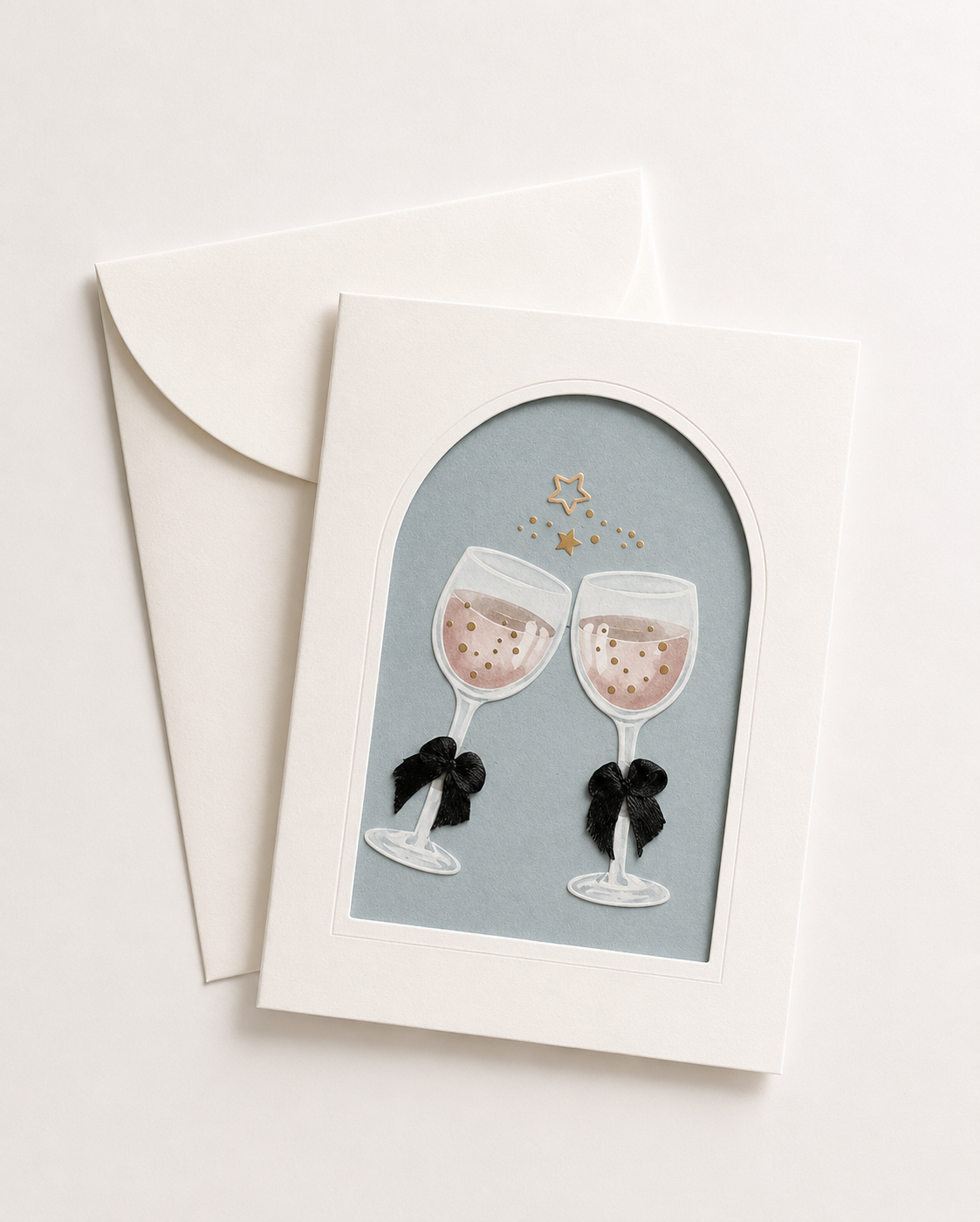 Celebration cheers greeting card — champagne glasses watercolour illustration by Maison Bloom Bali
