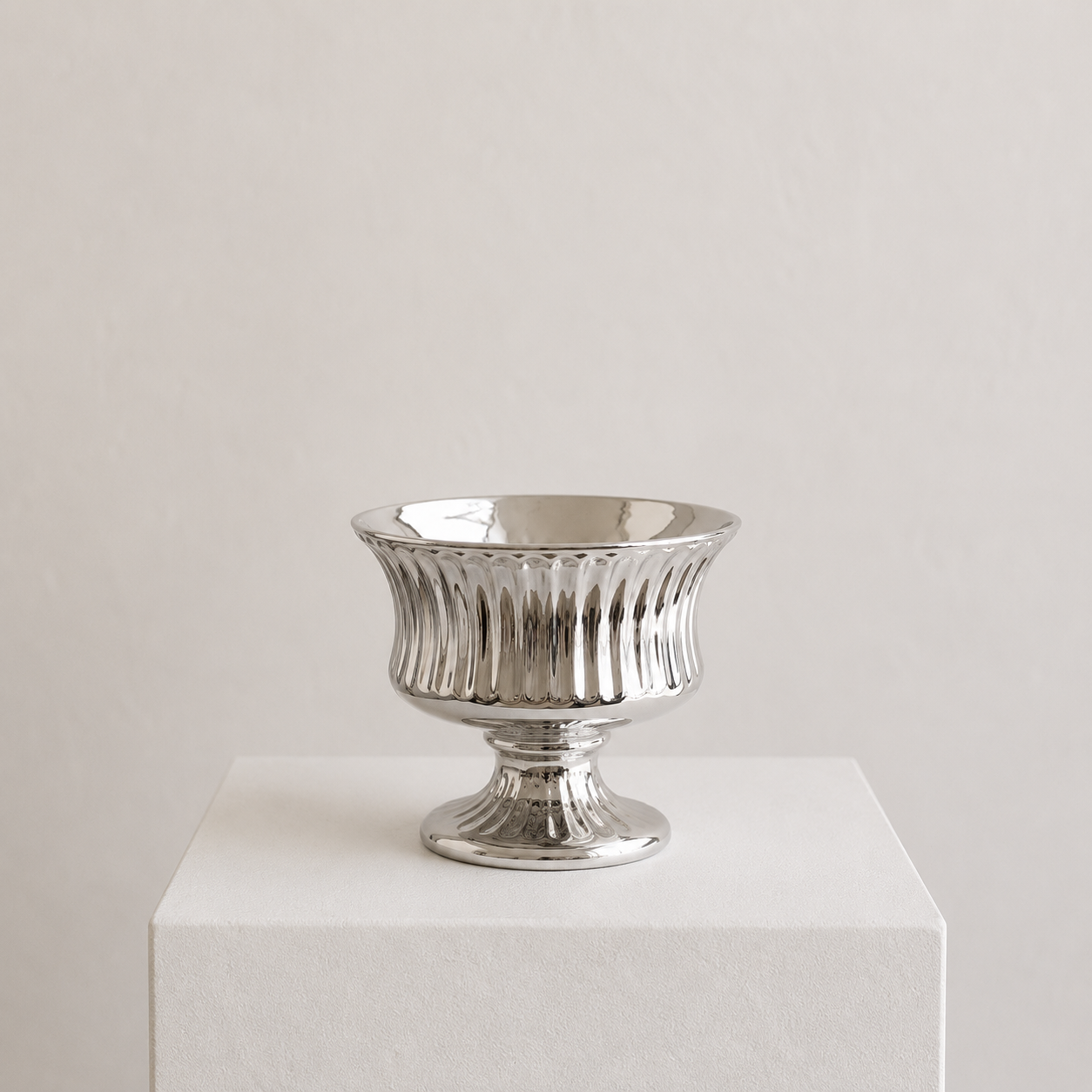Fluted Compote Bowl — silver chrome ribbed pedestal compote by Maison Bloom Bali