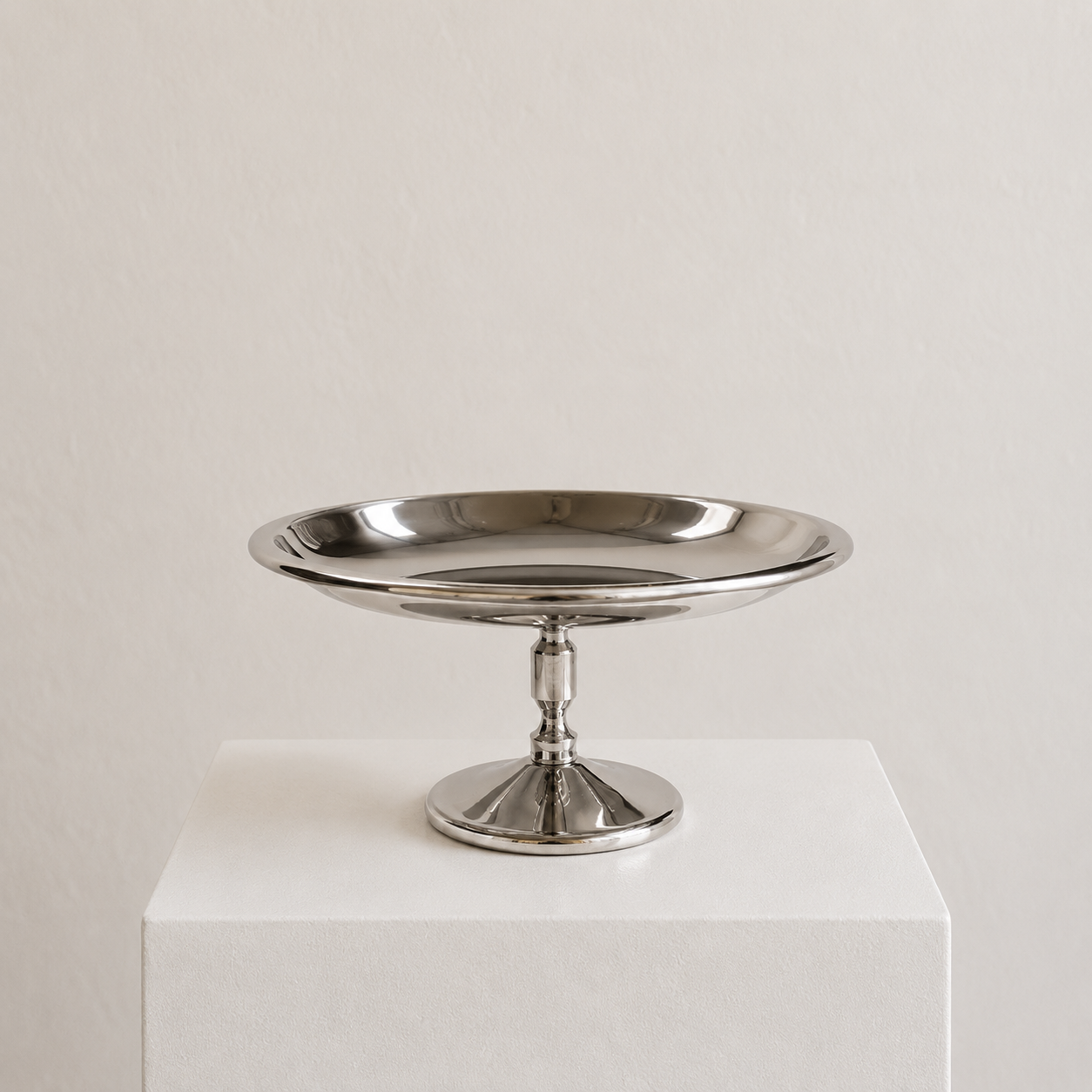 Elegant Pedestal Tray — silver chrome flat tray on elegant stem by Maison Bloom Bali